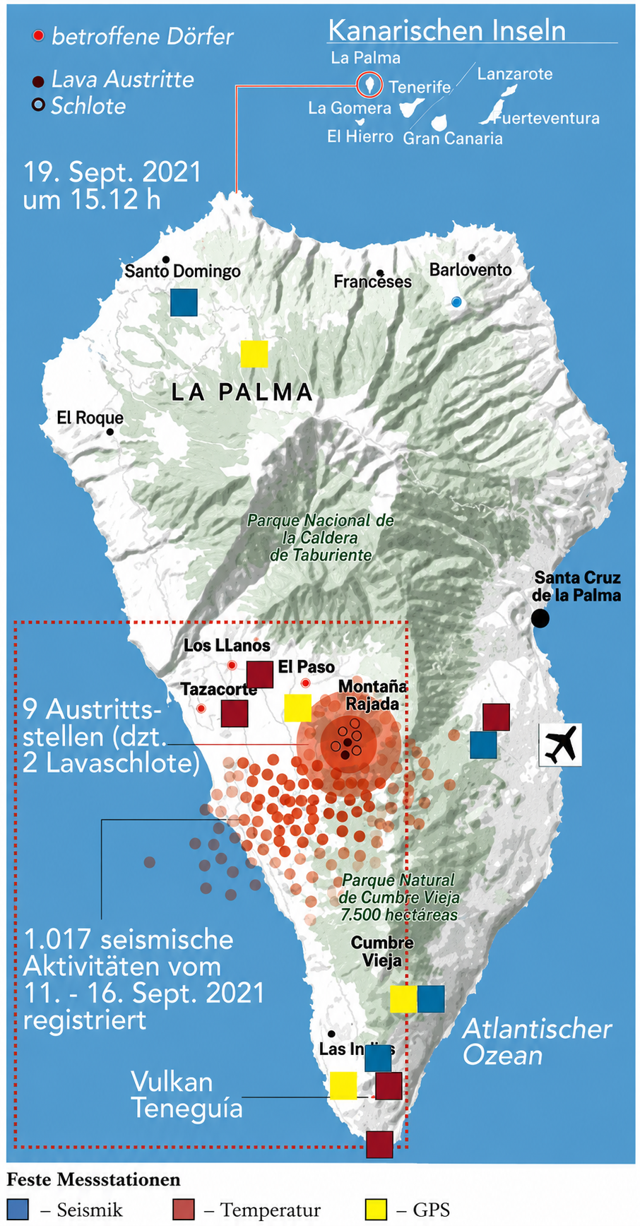 Karte von La Palma mit Vulkan-Ausbruch, Lavaaustritten, betroffenen Dörfern und Messstationen (19. Sept. 2021)